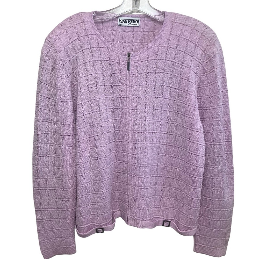 VTG USA San Remo pastel purple full-zip knit cardigan Grid Pattern Career Large